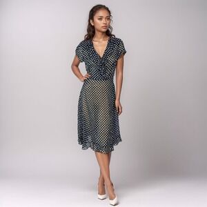 MSK Polka Dot Midi Dress | Ruffled V-Neck | Sheer Vintage-Inspired Style | Small